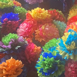 Puede incluir: Una colecci&oacute;n de pompones de papel de seda de colores en varios tonos de azul, verde, amarillo, naranja, rosa y rojo. Los pompones est&aacute;n dispuestos en un grupo, creando una exhibici&oacute;n vibrante y festiva.