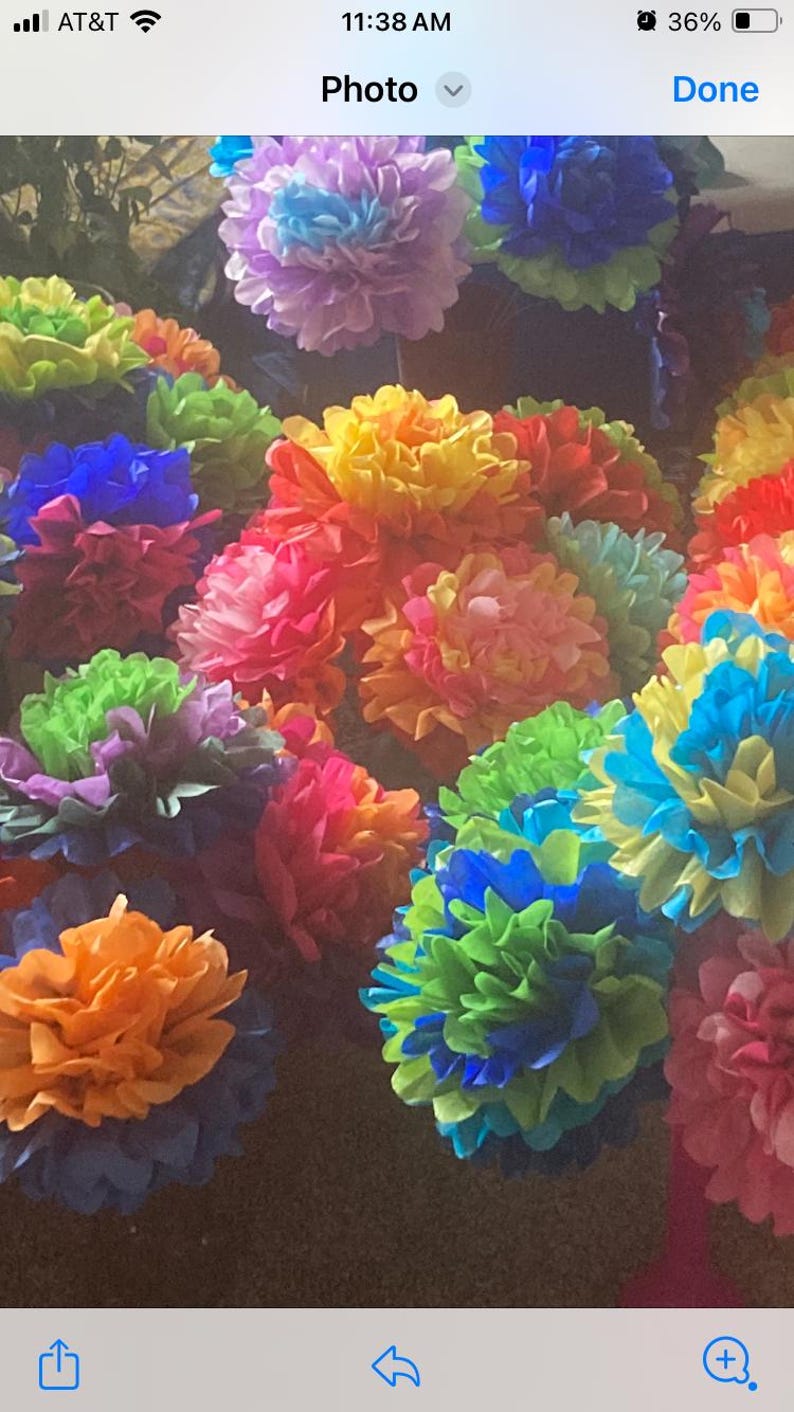 Puede incluir: Una colecci&oacute;n de pompones de papel de seda de colores en varios tonos de azul, verde, amarillo, naranja, rosa y rojo. Los pompones est&aacute;n dispuestos en un grupo, creando una exhibici&oacute;n vibrante y festiva.