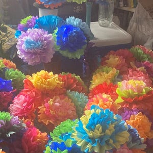 Puede incluir: Una colecci&oacute;n de pompones de papel de seda coloridos en varios tonos de azul, verde, rosa, amarillo y naranja. Los pompones est&aacute;n dispuestos en una exhibici&oacute;n decorativa, creando un ambiente vibrante y festivo.