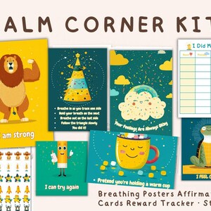 Quadro de emoções e cartões de afirmação para crianças - Kit SEL para impressão com rastreador de recompensas, pôsteres de sentimentos e adesivos para o Cantinho da Calma