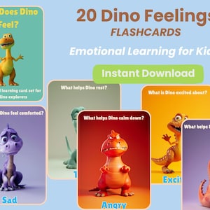 Dino Gefühle Karteikarten für Kinder – 20 druckbare Karten zur Gefühlsregulierung | SEL für Vorschule & Kindergarten | Pixar Style Dino Emotionen