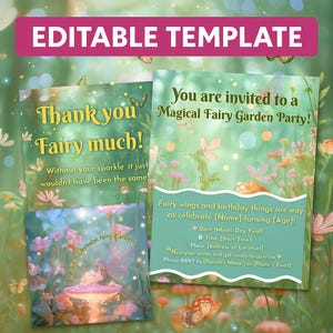 Convite de Aniversário Fairy Garden – Convite Editável Canva + Cartão de Agradecimento e Adesivos | Download Instantâneo