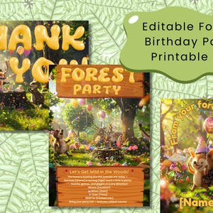 Convite de aniversário editável na floresta – Kit de festa na floresta para crianças – Cartão de agradecimento + etiquetas de presente + cena de animal 3D – Download instantâneo