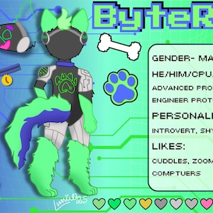 Op de afbeelding: Digitale illustratie van ByteRoot, een groen en grijs personage met een robotachtig ontwerp. De afbeelding bevat tekst met informatie over het geslacht, de persoonlijkheid en de interesses van het personage. De achtergrond heeft een printplaatpatroon.