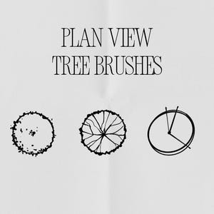 May include: A black and white graphic design featuring three tree brush illustrations. The text reads "PLAN VIEW TREE BRUSHES" and "THE ONGOING PROJECT". The illustrations include a dotted circle, a radial design, and an oval with lines.