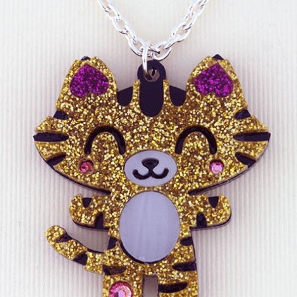 LAST ONE On Sale Kawaii gold glitter happy tiger laser cut layered acrylic pendant with swarovski crystals cute japanese anime style