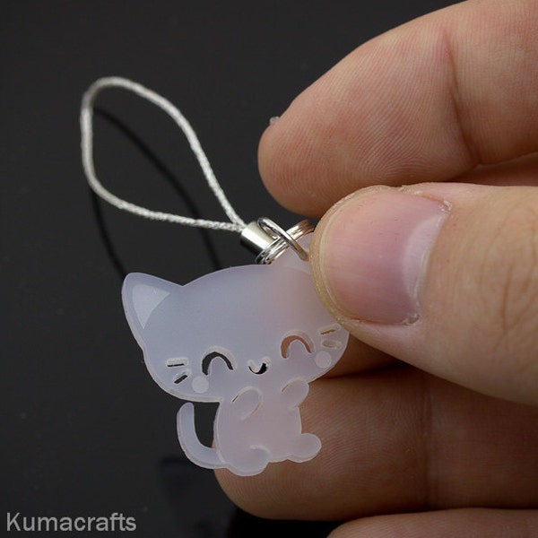 LOW STOCK Adorable Little White Cat Cell Phone Charm / Zipper Pull Frosted Translucent Acrylic