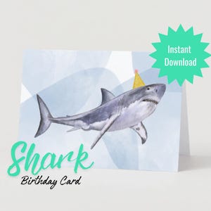 Tarjeta de cumpleaños de tiburón/Tarjeta de cumpleaños para adolescentes/Tarjeta de cumpleaños para niños/Tiburón con sombrero de cumpleaños/Tarjeta de cumpleaños divertida/Gran tiburón blanco/Humor de tiburón