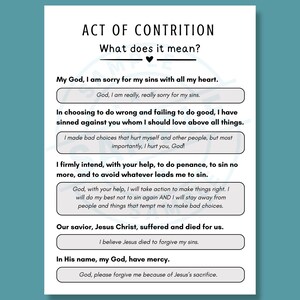 May include: A white printed card with the title "ACT OF CONTRITION" and the question "What does it mean?" The card contains text about seeking forgiveness, with a teal background.