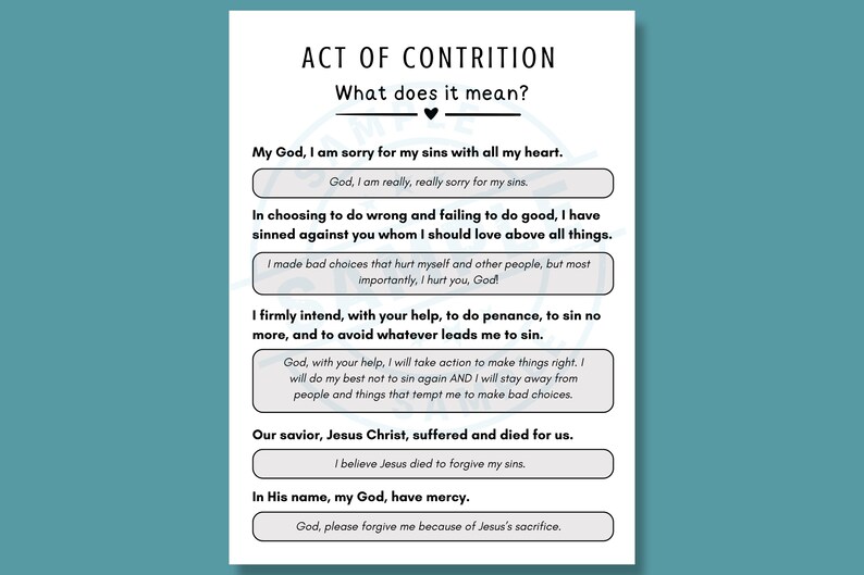 May include: A white printed card with the title "ACT OF CONTRITION" and the question "What does it mean?" The card contains text about seeking forgiveness, with a teal background.