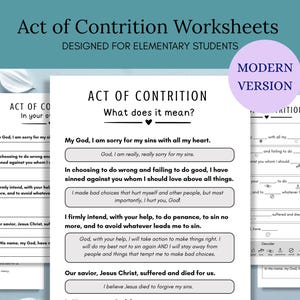May include: White worksheets titled "Act of Contrition" designed for elementary students. The worksheets have fill-in-the-blank sections and the text "What does it mean?" is displayed. A purple circle with "Modern Version" is in the upper right.
