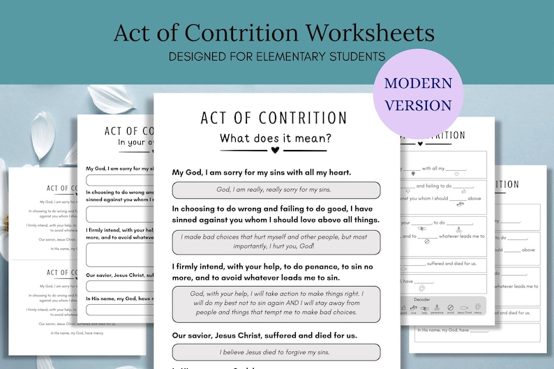 May include: White worksheets titled "Act of Contrition" designed for elementary students. The worksheets have fill-in-the-blank sections and the text "What does it mean?" is displayed. A purple circle with "Modern Version" is in the upper right.