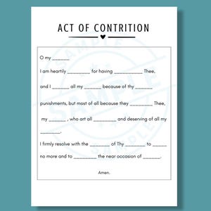 以下が含まれることがあります： 「ACT OF CONTRITION」の文字が上部に印刷された白い紙。テキストは穴埋め形式の祈りで、ユーザーが記入するための行があります。紙はティール色の背景にあります。