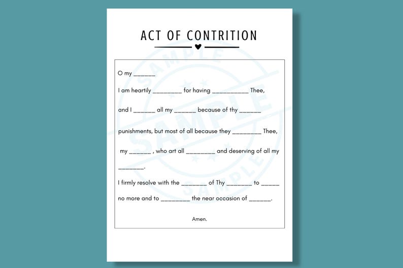 以下が含まれることがあります： 「ACT OF CONTRITION」の文字が上部に印刷された白い紙。テキストは穴埋め形式の祈りで、ユーザーが記入するための行があります。紙はティール色の背景にあります。