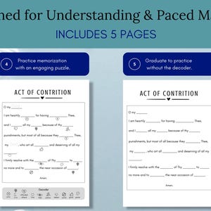 以下が含まれることがあります： 「Act of Contrition」というタイトルの穴埋め問題があるワークブックのページ。「Designed for Understanding & Paced Mastery」と「Includes 5 Pages」というテキストが上部にあります。ページには、「Practice memorization with an engaging puzzle.」というテキストが入った青いヘッダーがあります。