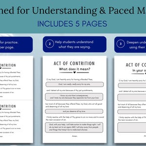 以下が含まれることがあります： 「Designed for Understanding & Paced Mastery」と「INCLUDES 5 PAGES」のテキストが入ったワークブック。ページには、理解と練習のための空欄のある「Act of Contrition」の祈りが含まれています。