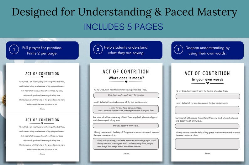 以下が含まれることがあります： 「Designed for Understanding & Paced Mastery」と「INCLUDES 5 PAGES」のテキストが入ったワークブック。ページには、理解と練習のための空欄のある「Act of Contrition」の祈りが含まれています。