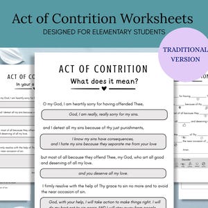 以下が含まれることがあります： 小学校向けに設計された「Act of Contrition」というタイトルの白いワークシート。ワークシートには、宗教的なテキストを含む空欄補充セクションがあります。「Traditional Version」と書かれた紫色の円が右上隅にあります。