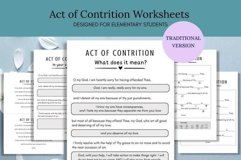 以下が含まれることがあります： 小学校向けに設計された「Act of Contrition」というタイトルの白いワークシート。ワークシートには、宗教的なテキストを含む空欄補充セクションがあります。「Traditional Version」と書かれた紫色の円が右上隅にあります。