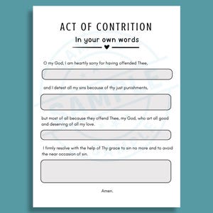 以下が含まれることがあります： 「ACT OF CONTRITION」のテキストが上部にあり、「In your own words」が続く白い紙。テキストには、記入欄のある祈りが含まれています。「Amen」という言葉が一番下にあります。