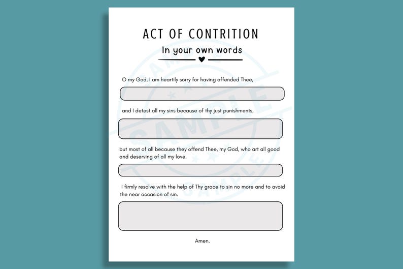 以下が含まれることがあります： 「ACT OF CONTRITION」のテキストが上部にあり、「In your own words」が続く白い紙。テキストには、記入欄のある祈りが含まれています。「Amen」という言葉が一番下にあります。