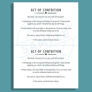 May include: Two white cards with the text "ACT OF CONTRITION" in black. The text is a prayer, with the first line reading "My God, I am sorry for my sins with all my heart."