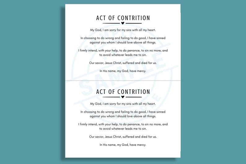 May include: Two white cards with the text "ACT OF CONTRITION" in black. The text is a prayer, with the first line reading "My God, I am sorry for my sins with all my heart."