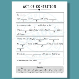 以下が含まれることがあります： 白黒印刷可能な「Act of Contrition」フォーム。フォームには、アイコンと下部にデコーダーが付いた空欄があります。「ACT OF CONTRITION」というタイトルが上部にあります。