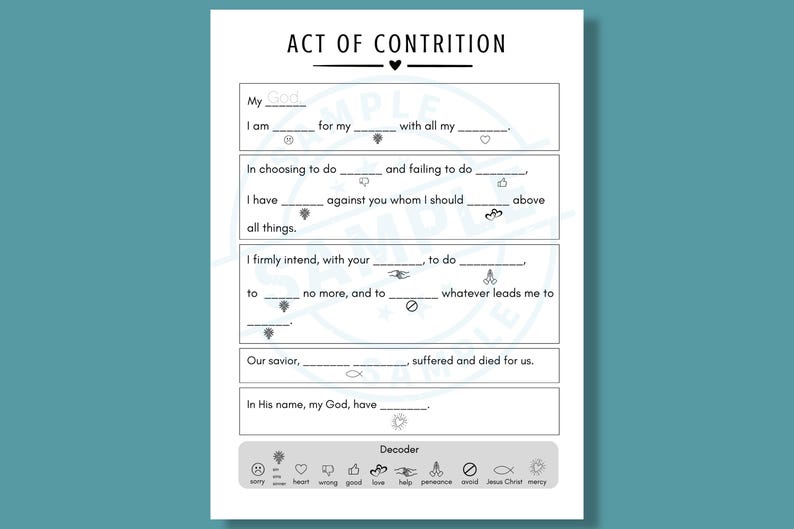 以下が含まれることがあります： 白黒印刷可能な「Act of Contrition」フォーム。フォームには、アイコンと下部にデコーダーが付いた空欄があります。「ACT OF CONTRITION」というタイトルが上部にあります。