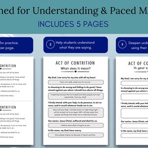 May include: A set of five pages designed for understanding and paced mastery. The pages include the Act of Contrition, with sections for practice, understanding, and personal reflection. The text is in a clear, easy-to-read font.