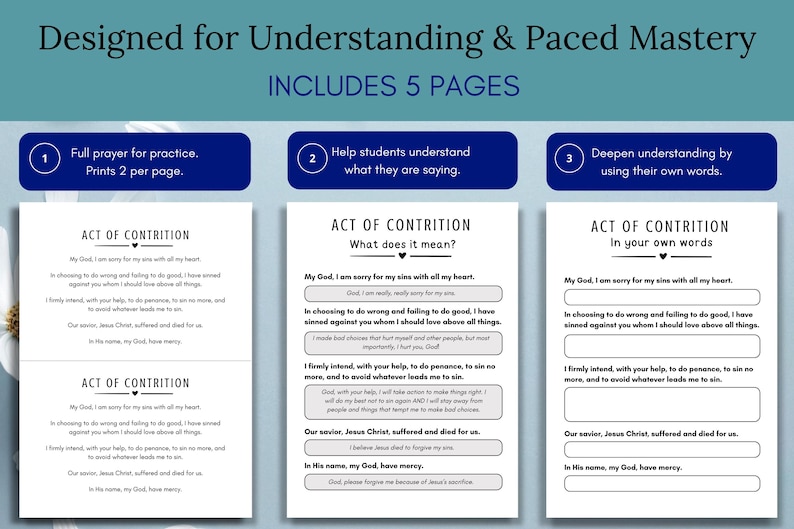 May include: A set of five pages designed for understanding and paced mastery. The pages include the Act of Contrition, with sections for practice, understanding, and personal reflection. The text is in a clear, easy-to-read font.