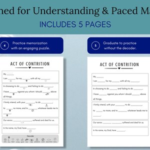 May include: Two-page printable study guide with the text "ACT OF CONTRITION" in black. The pages have fill-in-the-blank sections. The top of the image has the text "Designed for Understanding & Paced Mastery" and "INCLUDES 5 PAGES".