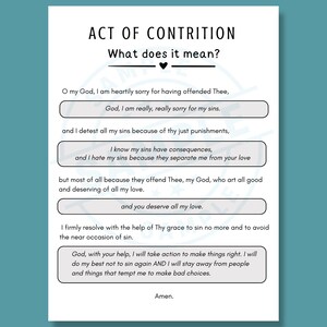 以下が含まれることがあります： 「ACT OF CONTRITION」というタイトルと「What does it mean?」という質問が黒いテキストで書かれた白いカード。罪と許しを求める祈りが書かれており、テキストは黒いフォントです。