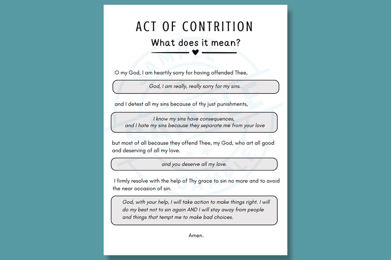 以下が含まれることがあります： 「ACT OF CONTRITION」というタイトルと「What does it mean?」という質問が黒いテキストで書かれた白いカード。罪と許しを求める祈りが書かれており、テキストは黒いフォントです。