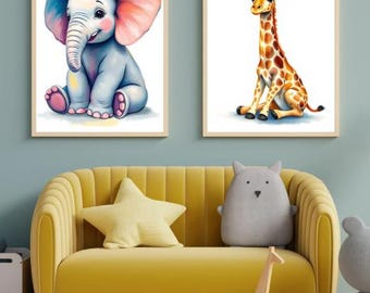 Safari Nursery Animal Art Print Set | Jungle Baby Room Decor (Digital Download)