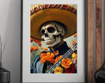 May include: A Day of the Dead-themed illustration of a skeleton wearing a sombrero and playing a guitar. The skeleton has a sugar skull face paint design and is surrounded by orange and yellow flowers.