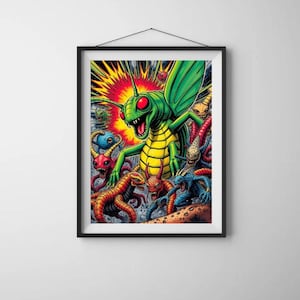 Könnte beinhalten: Ein grünes und gelbes Insekt mit roten Augen und einem großen Maul ist von kleineren Kreaturen in einer psychedelischen, farbenfrohen Illustration umgeben.
