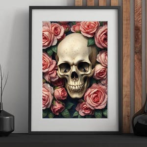 Gothic Skull with Pink Roses Digital Art | Dark Romantic Wall Decor | Floral Skull Printable | Elegant Gothic Skull Print