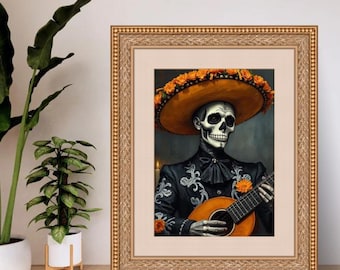May include: A painting of a skeleton wearing a black suit and a large orange sombrero, playing a guitar. The skeleton has a skull face with black eyes and a black bow tie. The background is dark and the painting is framed in gold.