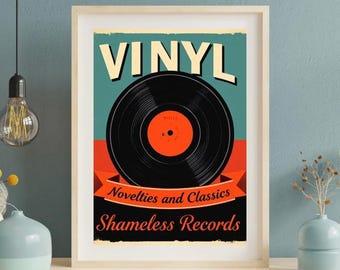 Può includere: Un poster vintage incorniciato con un disco in vinile nero su sfondo verde acqua. La parola "VINYL" è in alto, con "Novelties and Classics" e "Shameless Records" sotto.
