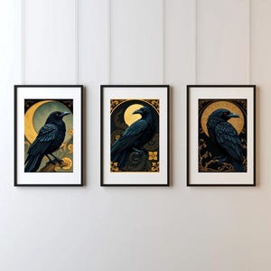 Raven Art Nouveau Print: Mystical Crow, Golden Moon (Digital Download)