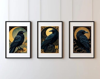 Raven Art Nouveau Print: Mystical Crow, Golden Moon (Digital Download)