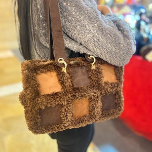 Handmade Brown Faux Fur and Tan Suede Patchwork Bag, Cozy Winter Shoulder Bag, Daily Use Handbag, Gift for Her, Unique Textured Purse