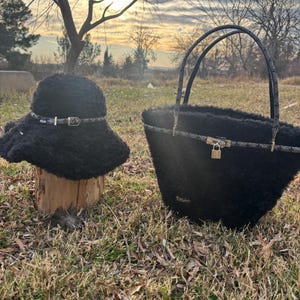 Handgefertigte schwarze Kunstpelz Tasche und Hut, elegante Pelztasche und Hut, Winter Accessoire Set, luxuriöse handgefertigte Tasche, stilvolle Wintermütze