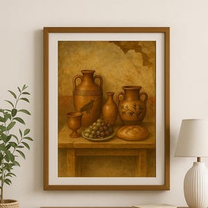 Puede incluir: Una pintura de bodegón que representa una mesa con tres jarrones de barro marrón, una pequeña copa de vidrio, un racimo de uvas verdes y una hogaza de pan. Los jarrones tienen diseños decorativos, incluyendo un pájaro en uno y una planta en otro. El fondo es de color amarillo descolorido.