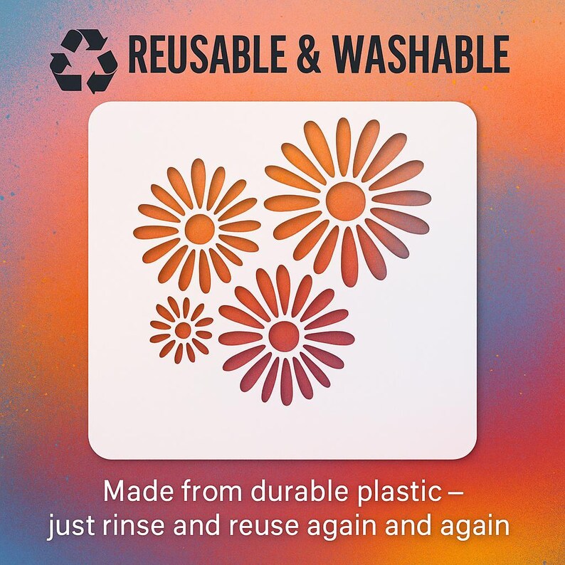 a white stencil with three orange flower-like shapes cut out of it, along with text that reads "Reusable & Washable" and "Made from durable plastic - just rinse and reuse again and again".