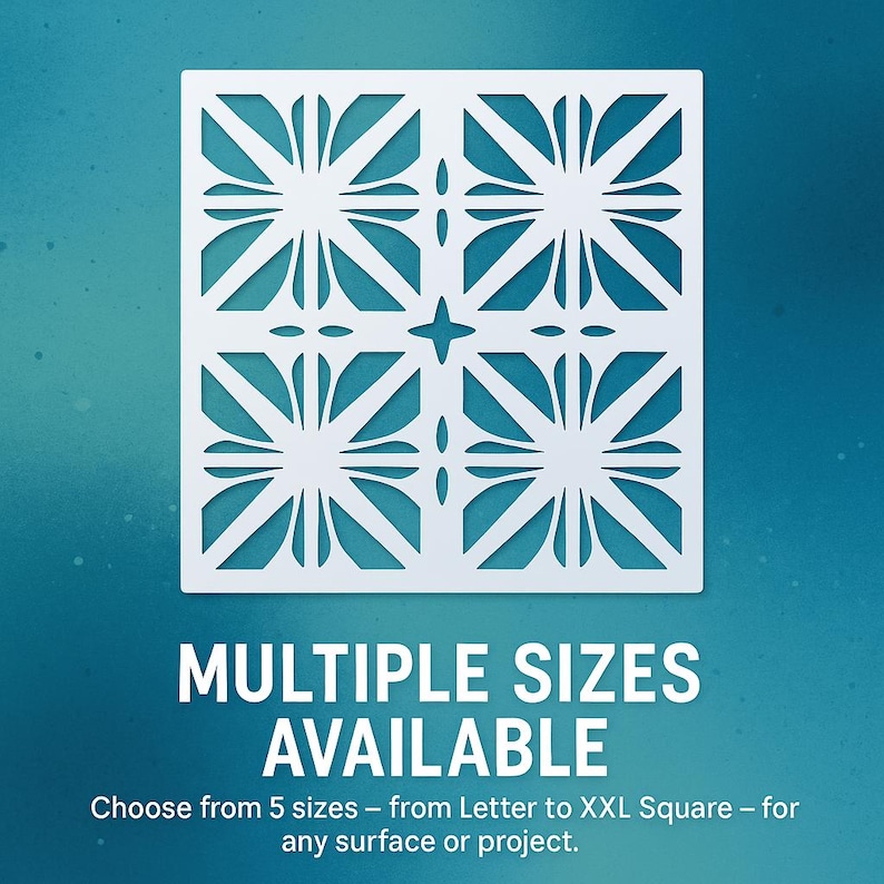 a square-shaped stencil with a repeating pattern of white and blue flowers or shapes. The text below the stencil states that multiple sizes are available, and the user can choose from 5 sizes - from Letter to XXL Square - for any surface or project.