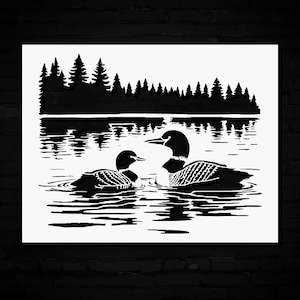 May include: Black and white illustration of two loons swimming on a lake. The loons are in the foreground, with a forest and its reflection in the background. The artwork is a minimalist, nature-themed design.