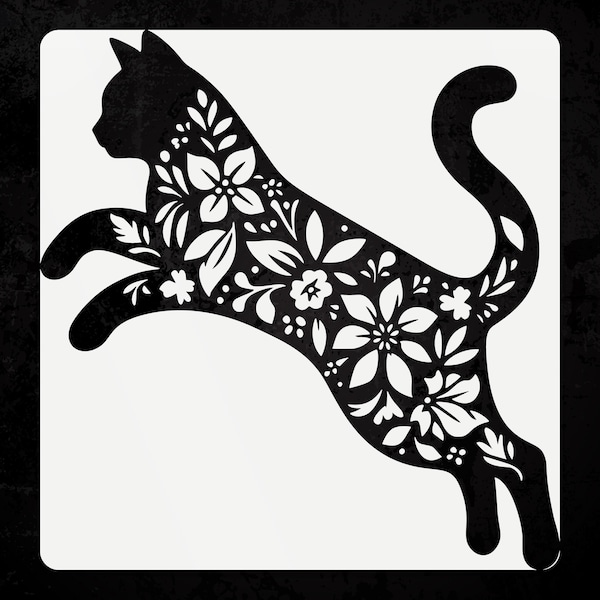 Pochoir chat floral : modèle de peinture murale en mylar réutilisable