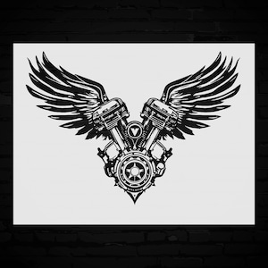 May include: Black and white graphic of a motorcycle engine with wings. The design features a V-twin engine with detailed pistons and a central emblem, flanked by large, stylized wings. The artwork is set against a white background.